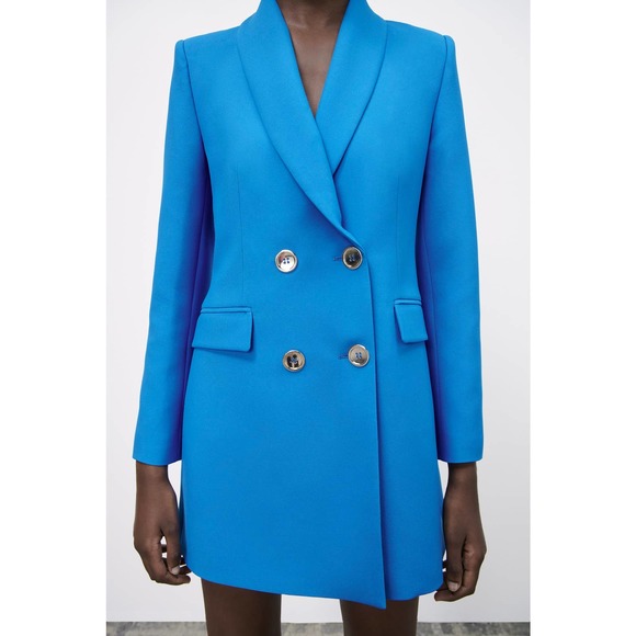 ZARA DOUBLE BREASTED LONG BLAZER BLUE XS - Picture 4 of 13